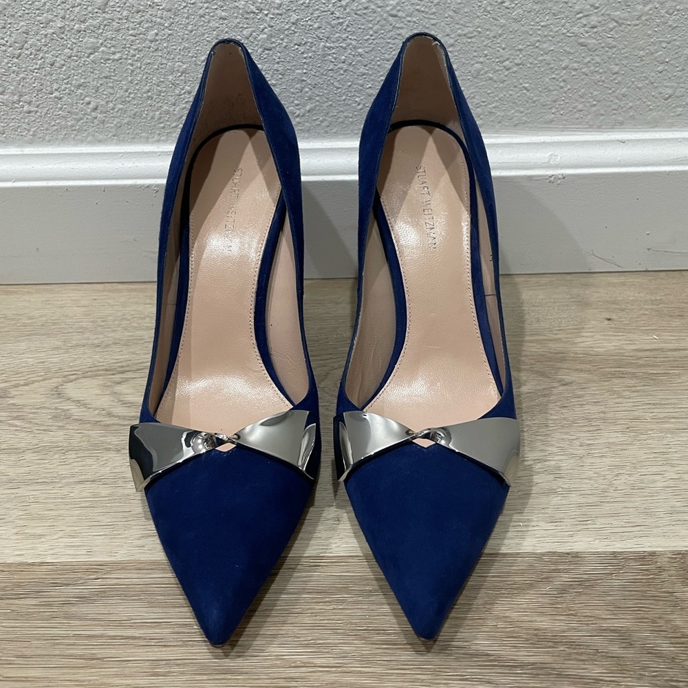 Stuart Weitzman Stanton 90 Pump Heel Womens 7.5 Blue Suede Pointed Toe Metal Bow